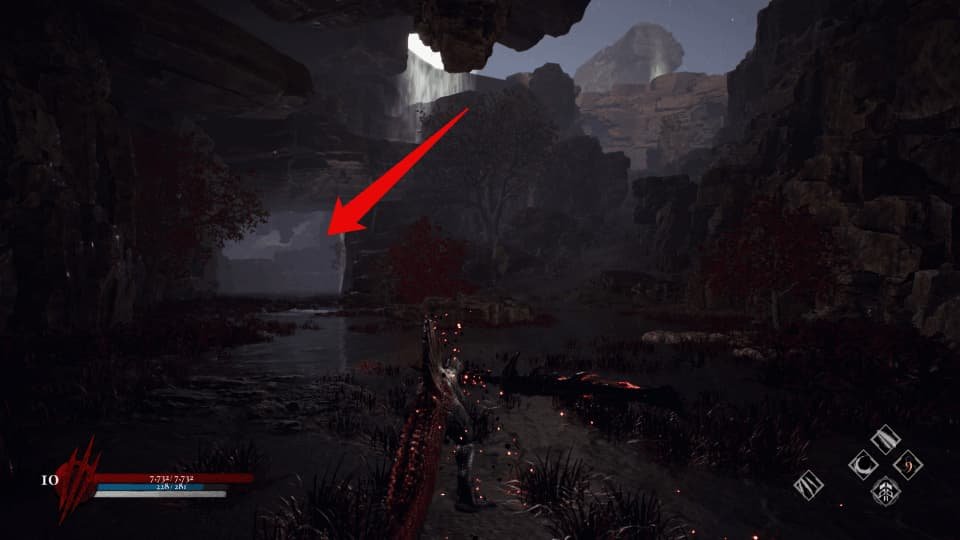Sixth sword hidden between the trees beside the river, opposite Akai Tsuki's entrance in the swamp.